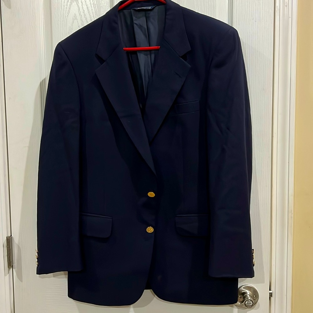 VTG Burberry Navy Blue Gold 2 Button Wool Blazer Mens Size 42R